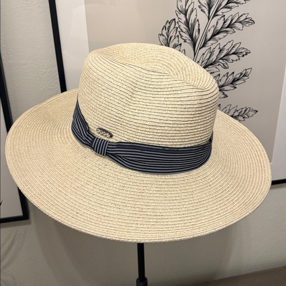 Glitzy Bella Accessories - Glitzy Bella Brand Stylish Straw Hat with Grey Black Striped Ribbon